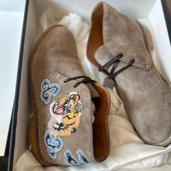 Gucci Taupe Suede Chukka Boots with Tiger Embroidery